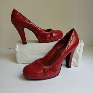 Hot Tomato Red Pleather Round Toe Grosgrain Weave & Bow Detail Pinup Pumps Sz 8